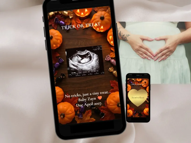 Halloween pregnancy announcement scratch card: an ultrasound revealed under Trick or Treat on a phone