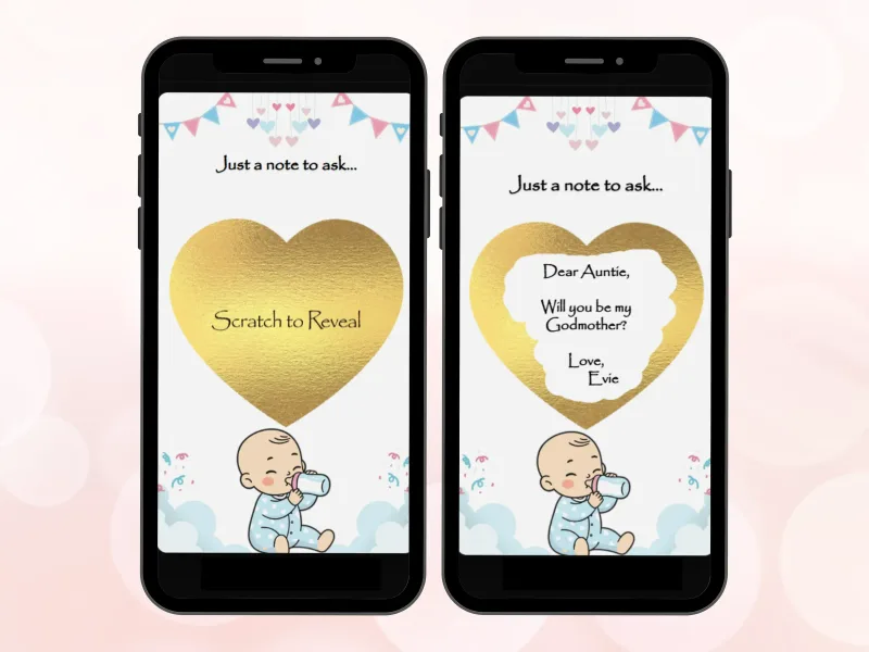 Godparent proposal scratch card on two phones, gold heart scratched to reveal Will you be my Godmother
