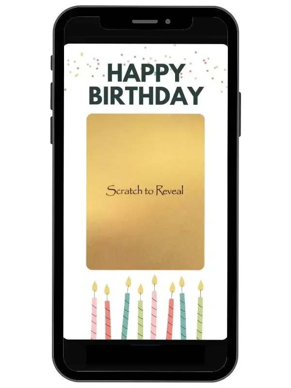 Collection of personalised digital birthday scratch cards with gold confetti and cake reveal designs by NylaLand