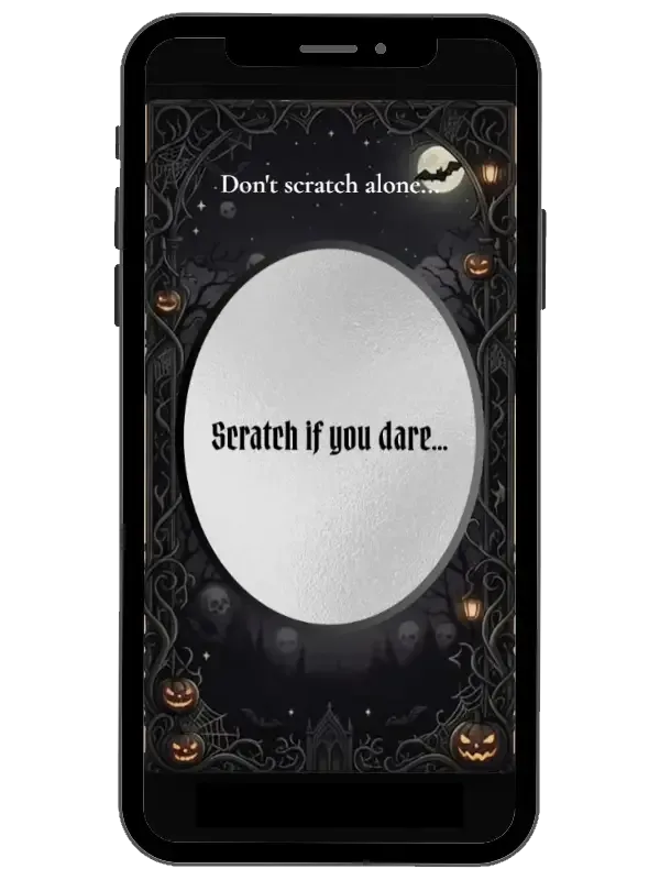 Halloween digital scratch cards by NylaLand with gothic frames, ghosts, bats and glowing jack-o'-lanterns
