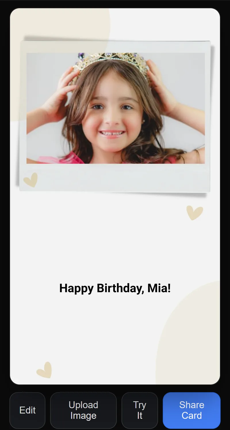 The builder with a photo of a smiling girl in a tiara in the frame and the message “Happy Birthday, Mia!”