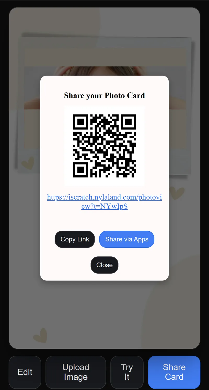 The share window for the photo card with a QR code, its link and Copy Link and Share via Apps buttons
