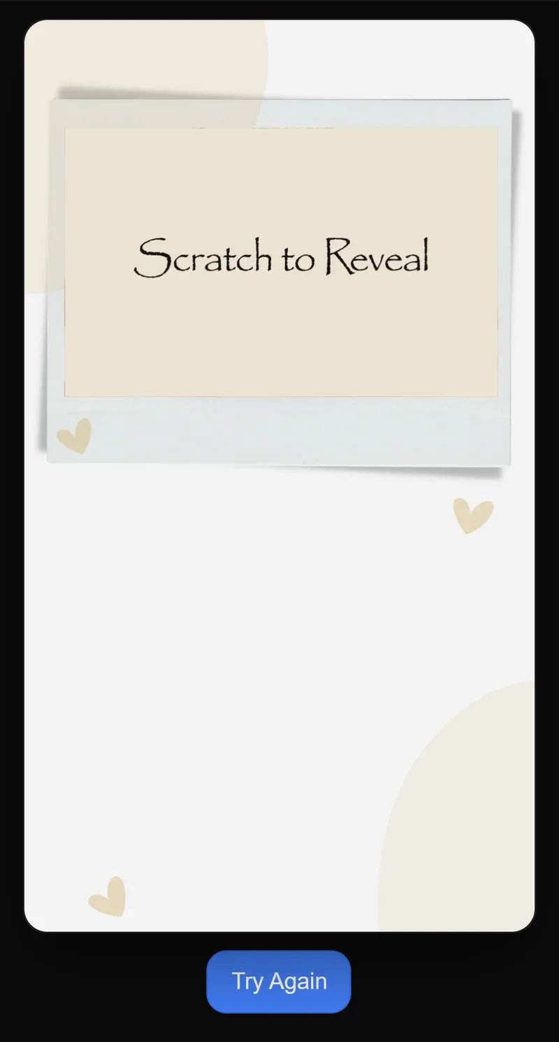 The recipient’s photo card before scratching: a cream “Scratch to Reveal” panel in a photo frame
