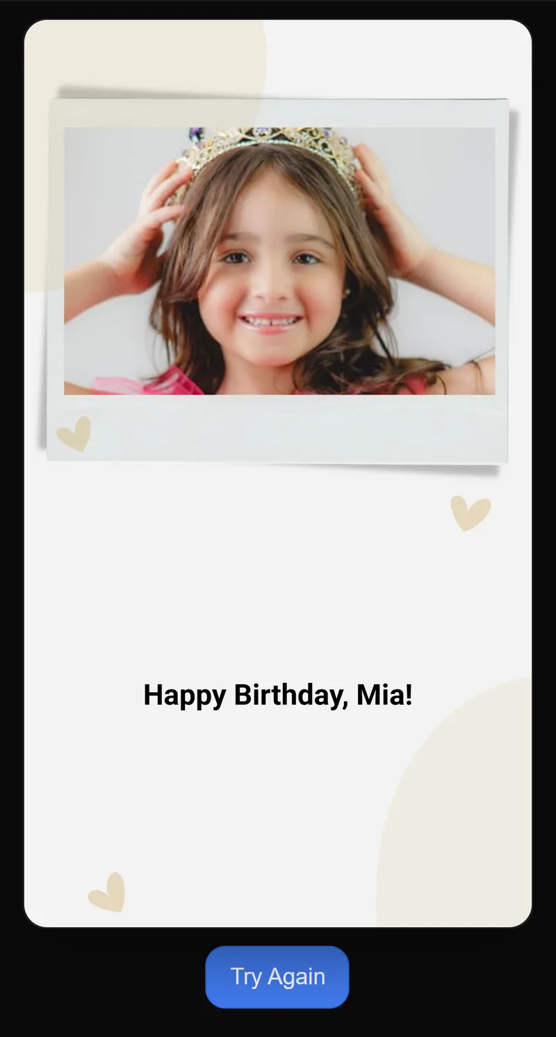 The recipient’s photo card after scratching: the photo of the girl in a tiara and “Happy Birthday, Mia!”