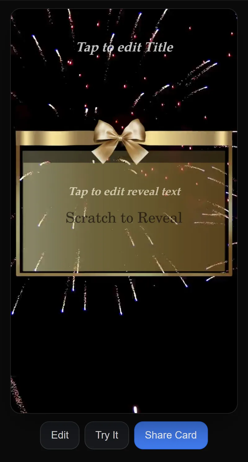 A gold-ribbon scratch card builder open on a phone, with “Tap to edit Title” and “Tap to edit reveal text” placeholders and Edit, Try It and Share Card buttons