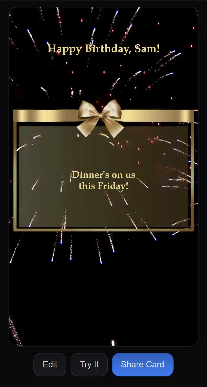 The builder with the title “Happy Birthday, Sam!” and the message “Dinner’s on us this Friday!” typed in