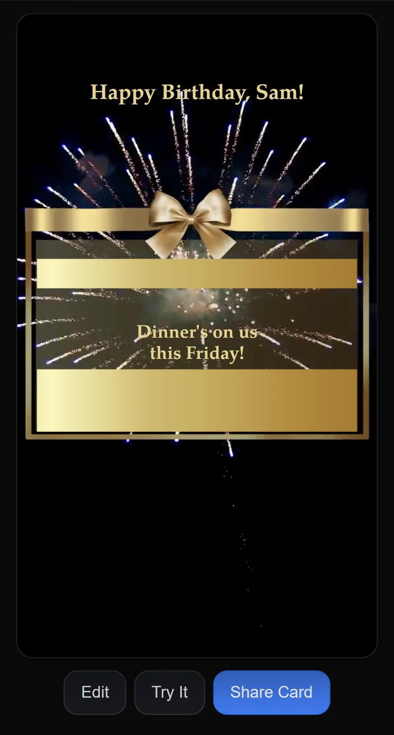 The preview half scratched, showing part of the message “Dinner’s on us this Friday!” under the gold foil