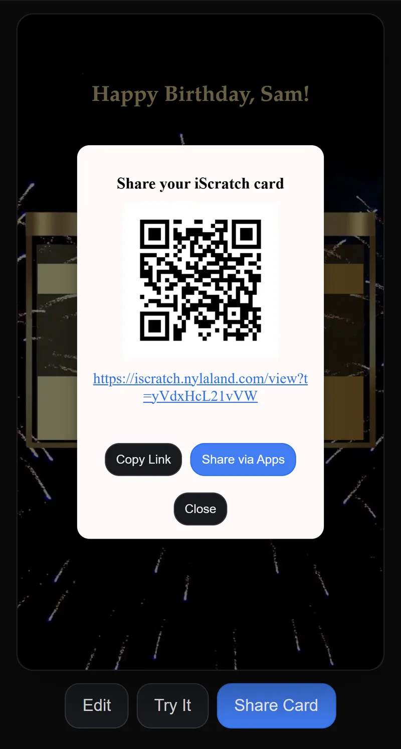 The share window with a QR code, the card’s link and Copy Link and Share via Apps buttons