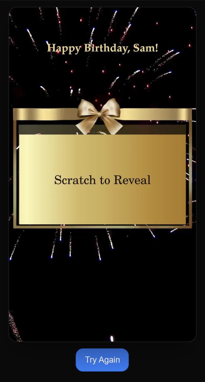 The recipient’s card before scratching: “Happy Birthday, Sam!” above a gold “Scratch to Reveal” panel