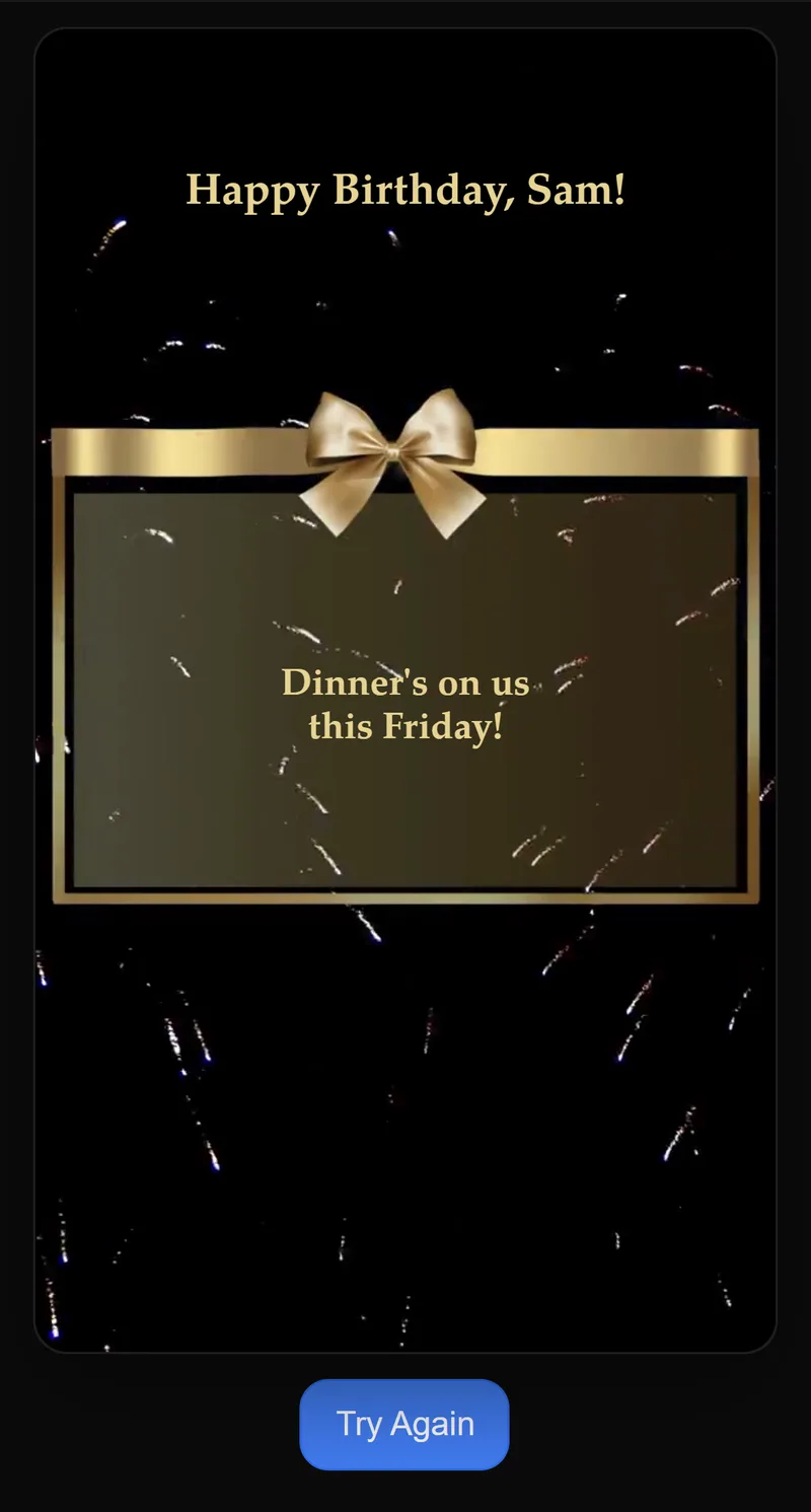 The recipient’s card after scratching: “Dinner’s on us this Friday!” revealed under “Happy Birthday, Sam!”