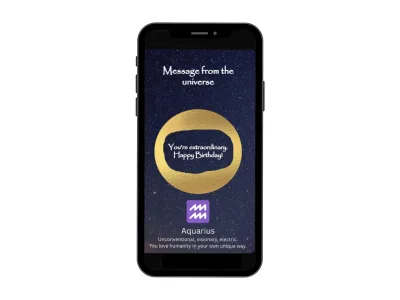 Aquarius zodiac scratch card on a phone, starry night card with a gold ring scratched to reveal a birthday message and the Aquarius sign
