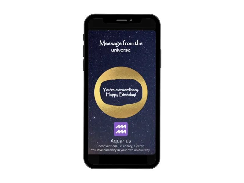 Aquarius zodiac scratch card on a phone, starry night card with a gold ring scratched to reveal a birthday message and the Aquarius sign