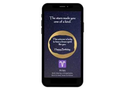 Aries zodiac scratch card on a phone, starry night card with a gold ring scratched to reveal a birthday message and the Aries sign