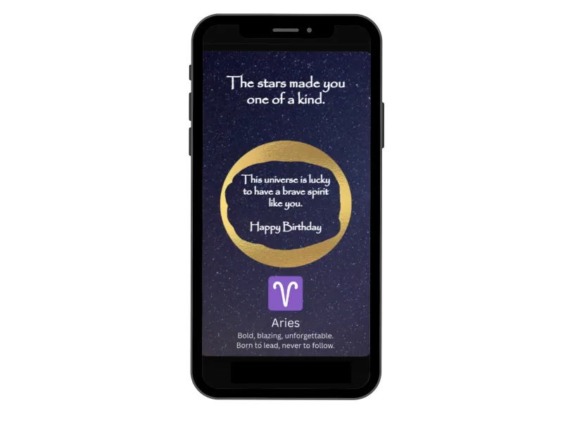 Aries zodiac scratch card on a phone, starry night card with a gold ring scratched to reveal a birthday message and the Aries sign