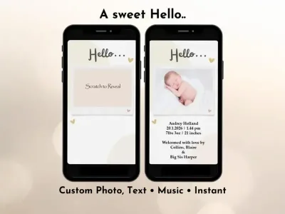 Cream photo birth announcement scratch card with baby photo shown on a phone