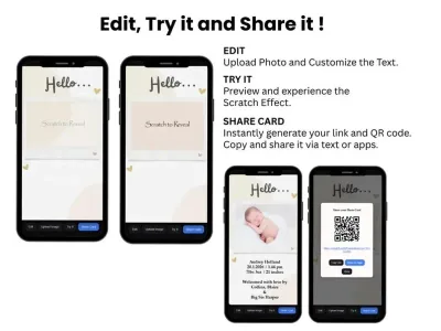 How to personalise the photo birth announcement scratch card: edit, try and share