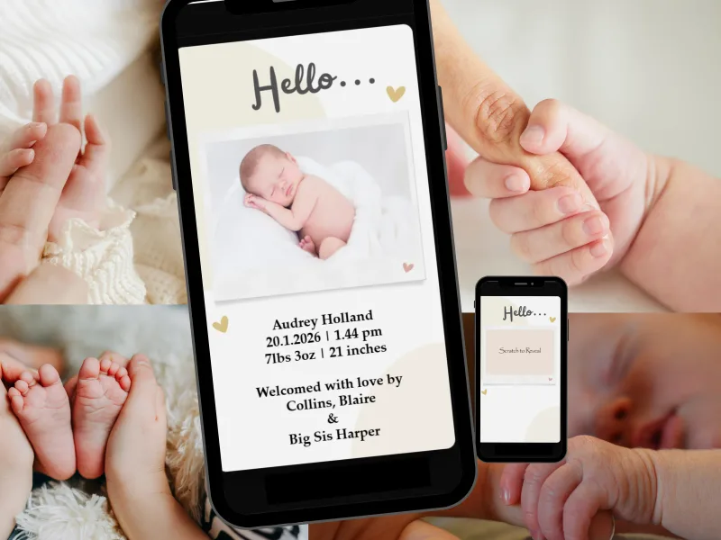 Photo baby announcement scratch card on a phone: newborn photo with birth details revealed, beside baby feet and hands photos