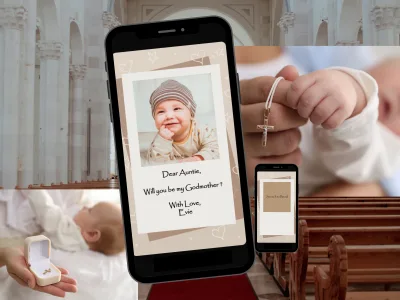 Baptism godparent proposal photo reveal scratch card on a phone: a baby photo revealing Dear Auntie, will you be my Godmother, beside church and christening photos and a smaller phone