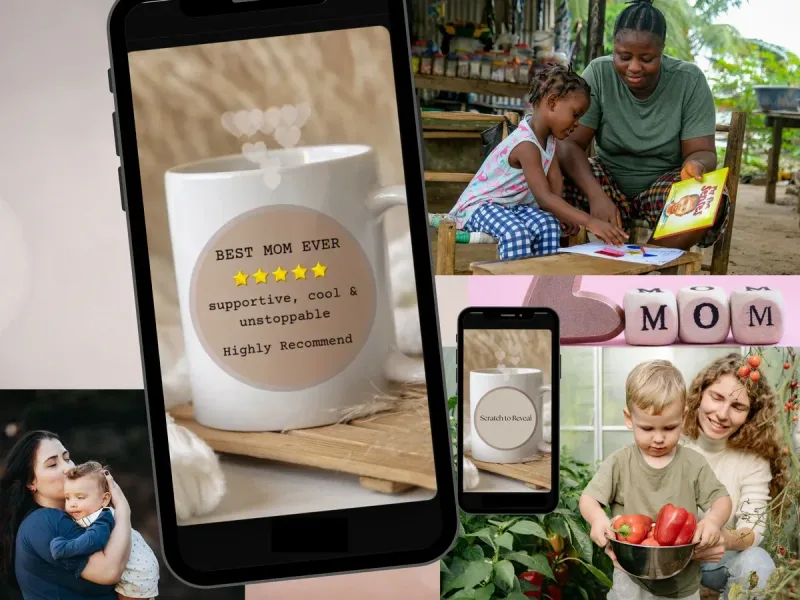 Best Mom Ever scratch card with a coffee mug and a five-star review