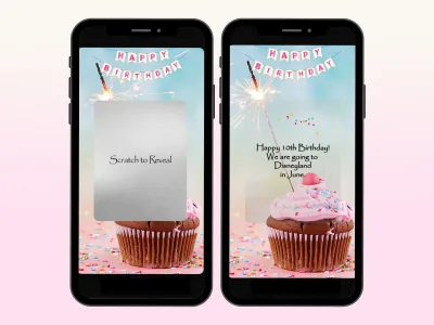 Birthday cupcake sparkler digital scratch card on two phones: a silver scratch panel above a pink cupcake with a sparkler, and the revealed birthday trip surprise