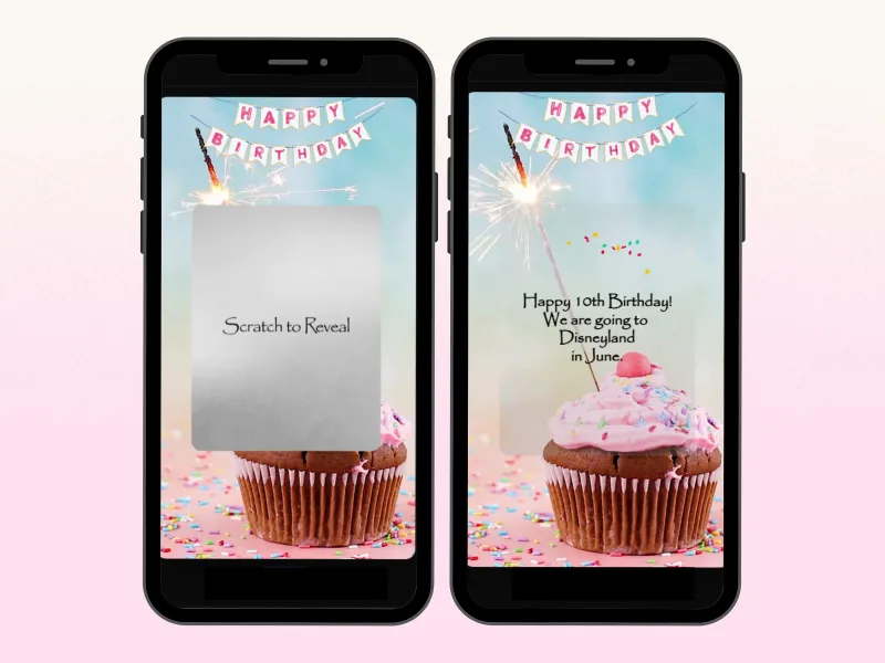 Birthday cupcake sparkler digital scratch card on two phones: a silver scratch panel above a pink cupcake with a sparkler, and the revealed birthday trip surprise