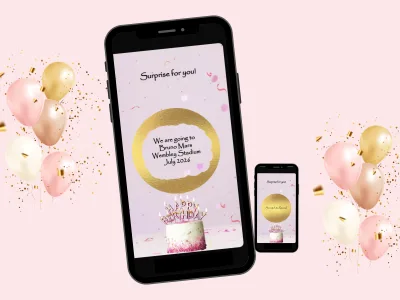 Pink birthday surprise digital scratch card on a phone: a gold scratch circle above a Happy Birthday cake, with a smaller phone between pink and gold balloons