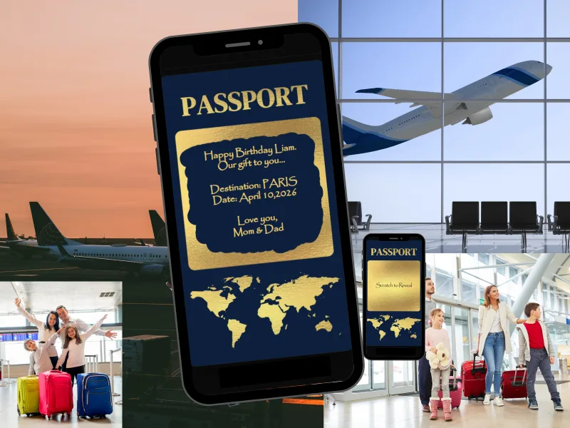 Blue passport trip reveal digital scratch card on a phone: a gold scratch panel revealing a birthday trip to Paris, beside airport and travel photos and a smaller phone