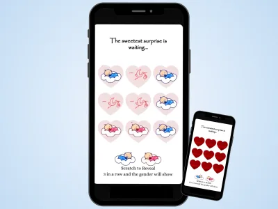 Dreamy stork baby boy gender announcement scratch card on two phones over a soft blue background, red hearts scratched to reveal stork-delivered baby boys