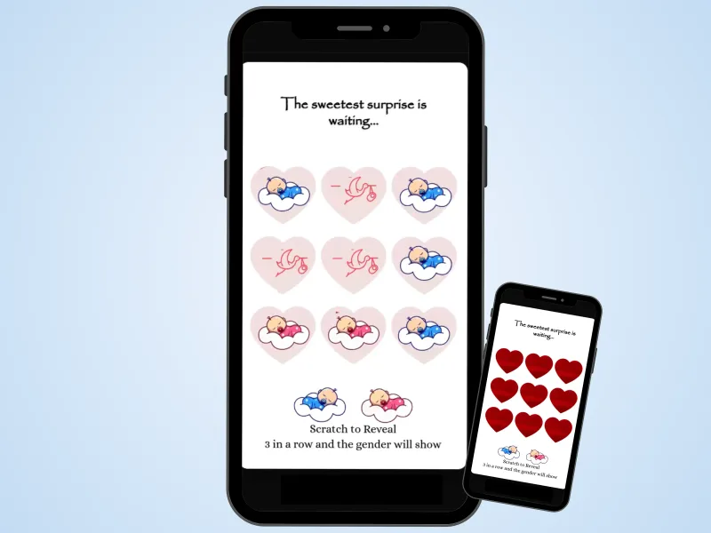 Dreamy stork baby boy gender announcement scratch card on two phones over a soft blue background, red hearts scratched to reveal stork-delivered baby boys