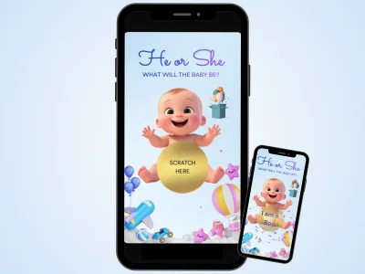 Baby boy gender reveal digital scratch card on a phone: a cartoon baby with a gold He or She scratch circle, beside a second phone showing the I am a Boy reveal