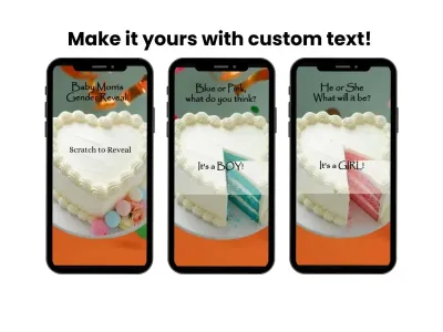 Blue Cake Boy Gender Reveal Digital Scratch Card shown on a phone