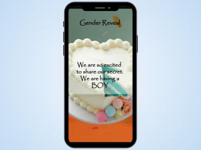 Cake gender reveal digital scratch card on a phone over a soft blue background, cake scratched to reveal We are having a Boy
