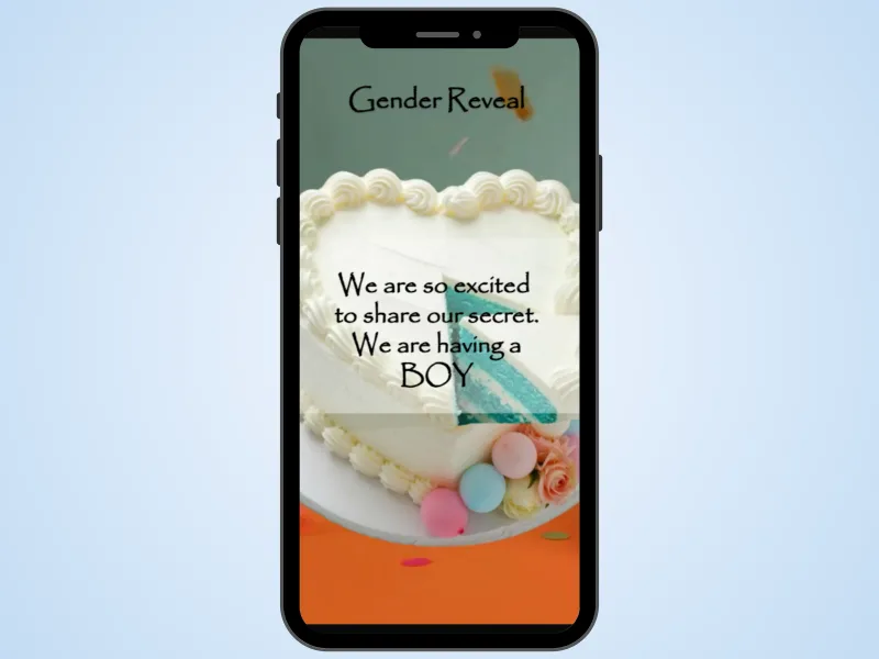 Cake gender reveal digital scratch card on a phone over a soft blue background, cake scratched to reveal We are having a Boy