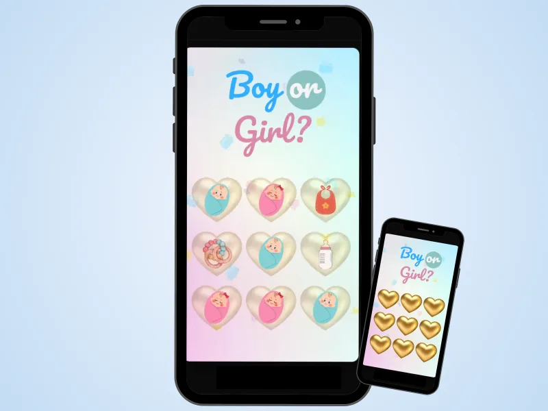 Boy or Girl gold hearts gender reveal scratch game on two phones over a soft blue background, gold hearts scratched to reveal baby boys