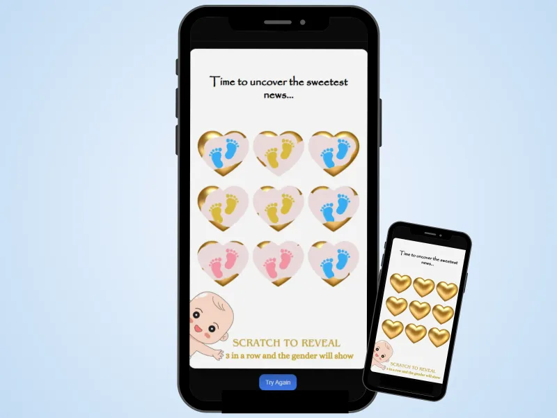 Boy gender reveal tic-tac-toe scratch game on two phones over a soft blue background, three blue baby footprints in a row revealed