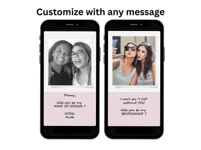 Pastel rose bridesmaid proposal scratch card with a custom photo, shown on a phone