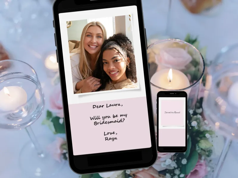 Photo bridesmaid proposal scratch card on a phone: friends photo above a revealed Will you be my bridesmaid message, with candles and roses