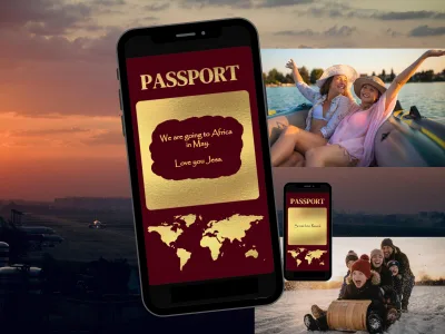 Burgundy passport trip reveal digital scratch card on a phone: a gold scratch panel revealing We are going to Africa in May, beside holiday photos and a smaller phone
