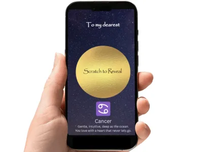 Cancer zodiac birthday scratch card with a starry night sky and a glowing gold circle