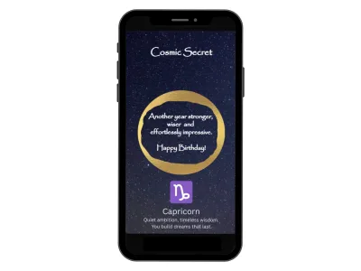 Capricorn zodiac scratch card on a phone, starry night card with a gold ring scratched to reveal a birthday message and the Capricorn sign