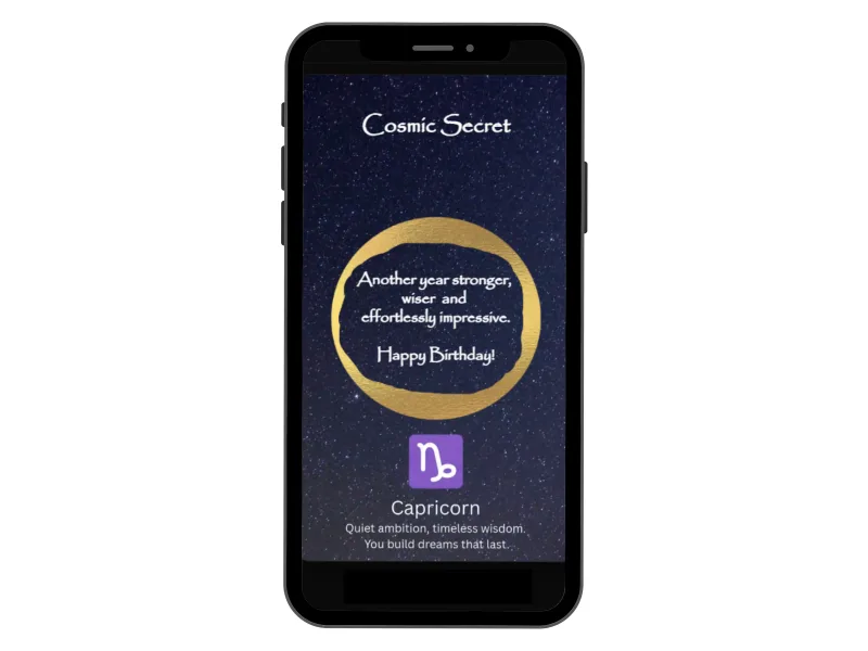Capricorn zodiac scratch card on a phone, starry night card with a gold ring scratched to reveal a birthday message and the Capricorn sign
