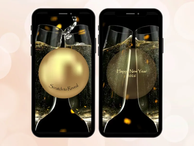 Champagne celebration digital scratch card on two phones, gold ornament between champagne glasses scratched to reveal a Happy New Year message