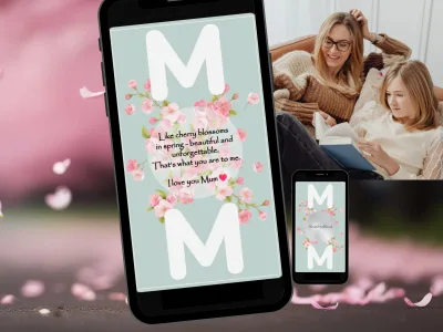 Cherry blossom scratch card for Mum on a phone showing a revealed love message between floral M letters, with a second phone showing the scratch foil, beside a mother and daughter reading