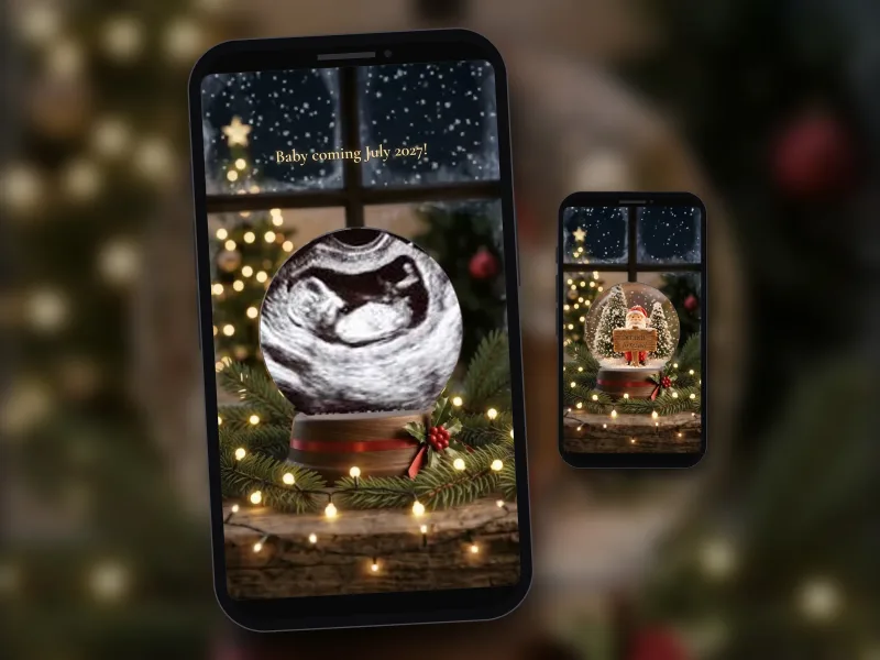 Christmas pregnancy announcement photo scratch card on a phone, an ultrasound scan revealed inside a snow globe with Christmas lights