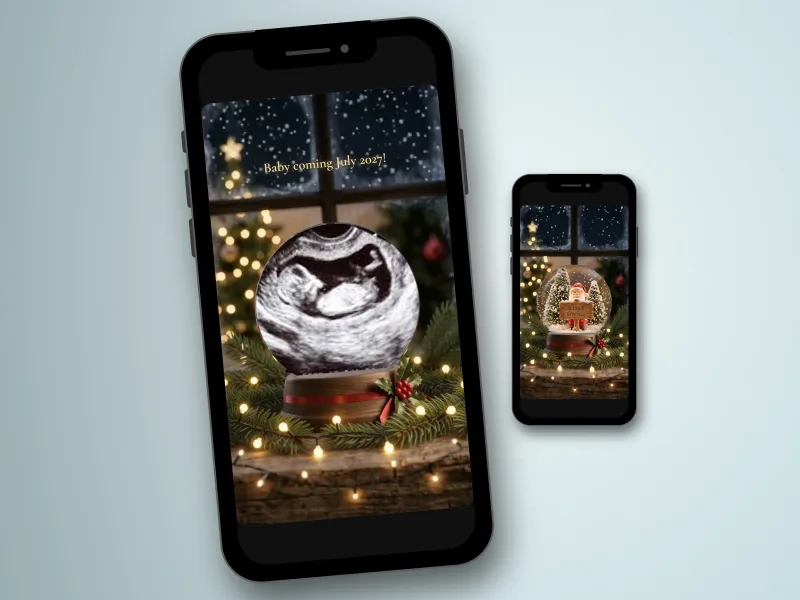 Christmas pregnancy announcement photo scratch card on a phone, an ultrasound scan revealed inside a snow globe with Christmas lights