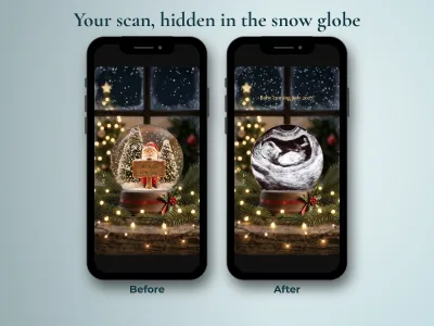 Snow globe card before and after scratching to show the ultrasound