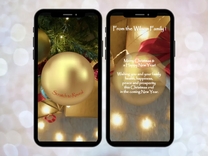 Christmas digital scratch card on two phones: a gold bauble to scratch among tree lights, and the revealed Merry Christmas and Happy New Year family message
