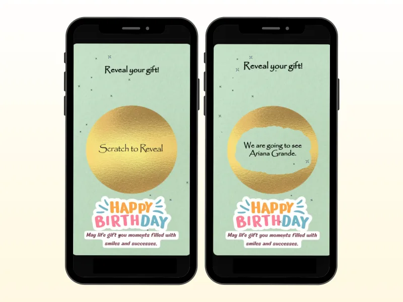 Birthday gift reveal scratch card on two phones with a pastel green background, gold circle foil before and after scratching to reveal the gift