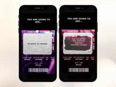 Concert ticket reveal scratch card on two phones, silver foil on the ticket before and after scratching to reveal the concert details