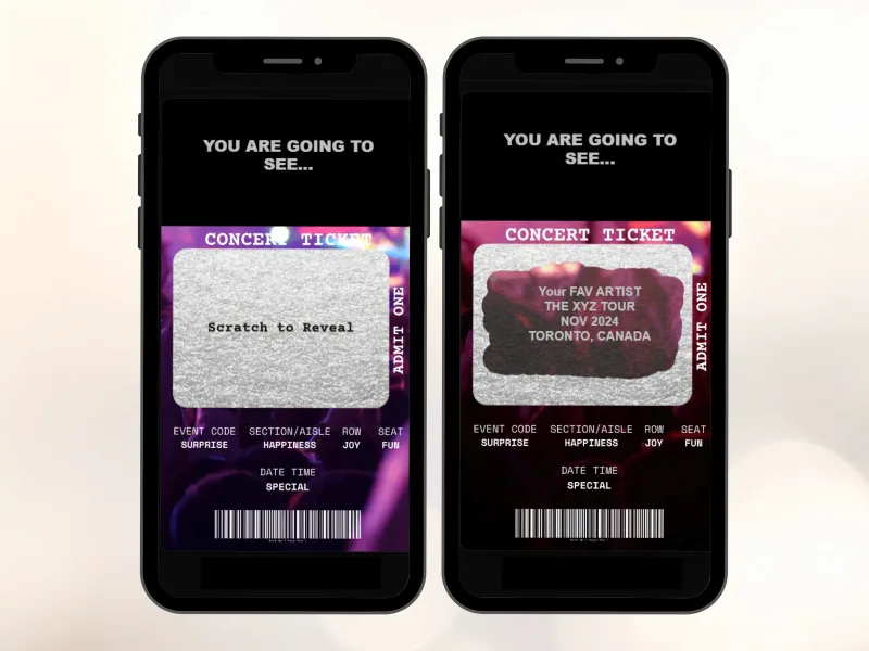 Concert ticket reveal scratch card on two phones, silver foil on the ticket before and after scratching to reveal the concert details